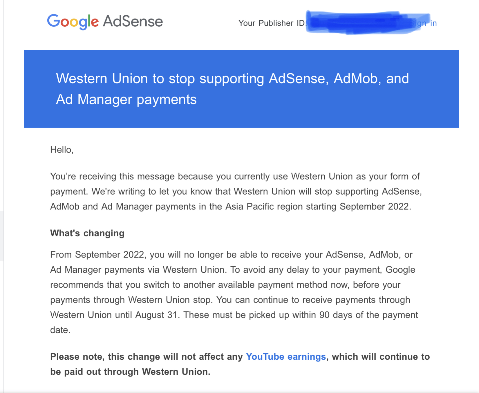 Google Adsence chính thứ bỏ hẳn Phương thức thanh toán WU